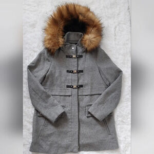 Gray Women's Coat with Faux Fur Trim